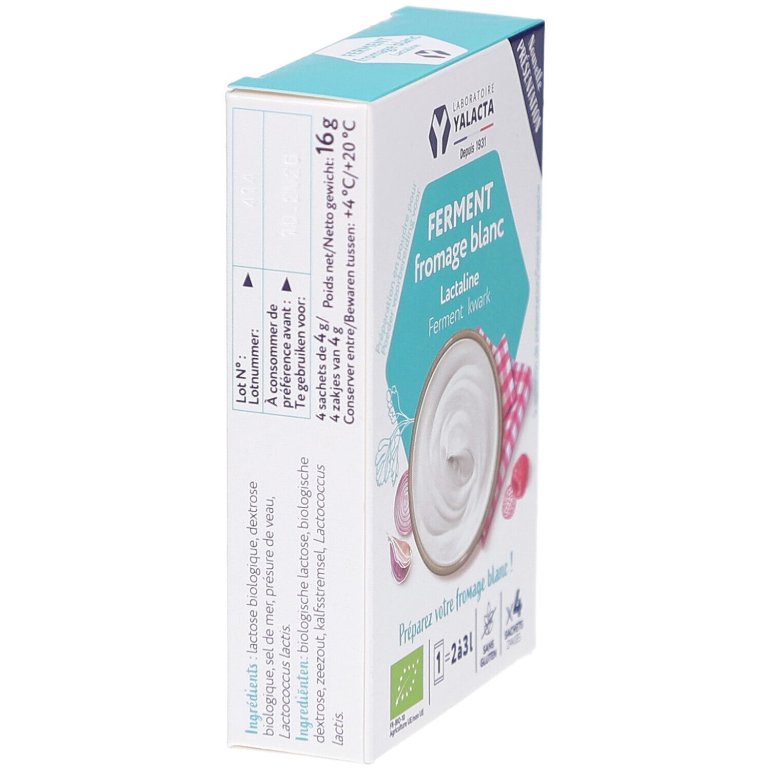 Vue latérale de la boîte. Inscription "FERMENT fromage blanc". Contient 4 sachets. Liste des ingrédients et valeurs nutritionnelles.