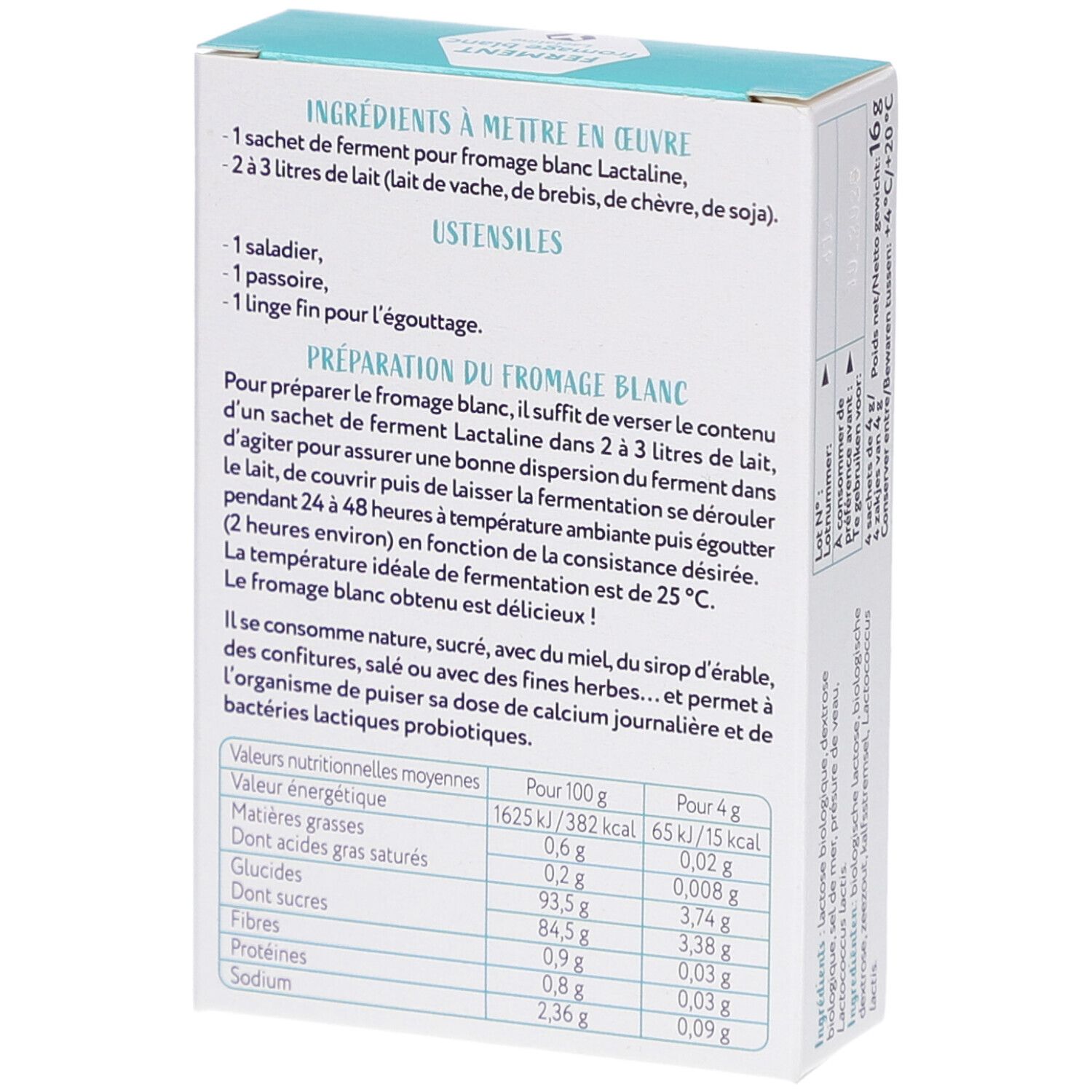 Dos de la boîte. Texte sur la préparation du fromage blanc. Informations nutritionnelles. Liste des ingrédients.