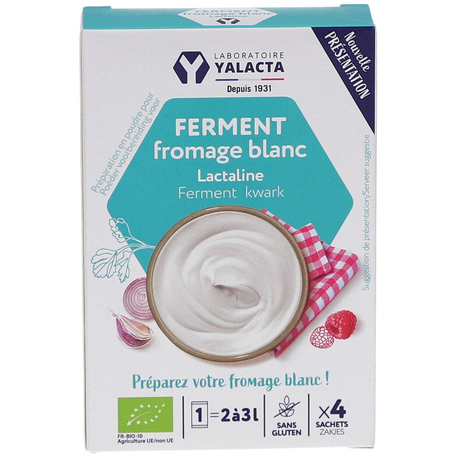 Boîte "FERMENT fromage blanc". Contient 4 sachets. Label bio. Visuel de fromage blanc et ingrédients.