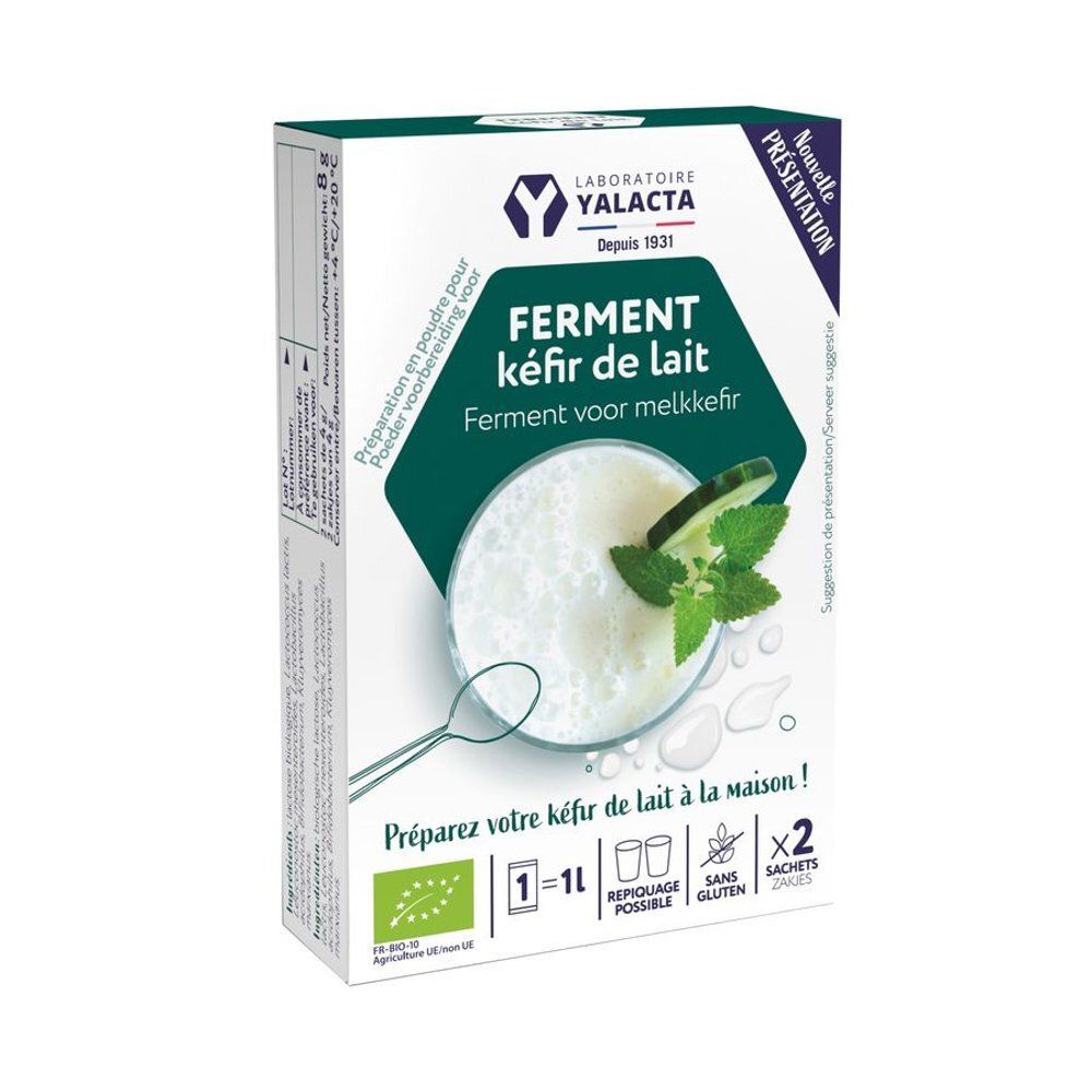 Boîte de Ferment pour kéfir de lait Yalacta. Contient deux sachets. Inscription : Ferment pour kéfir de lait. Label bio.