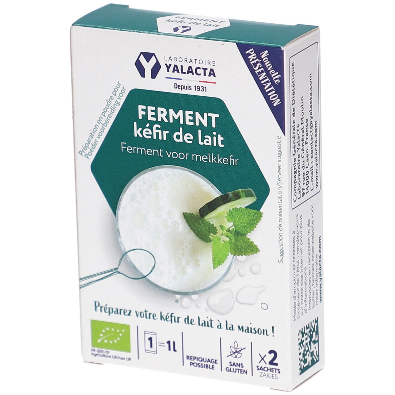 Boîte en carton avec logo et nom du produit. Contient deux sachets. Texte : Ferment pour kéfir de lait. Label bio.