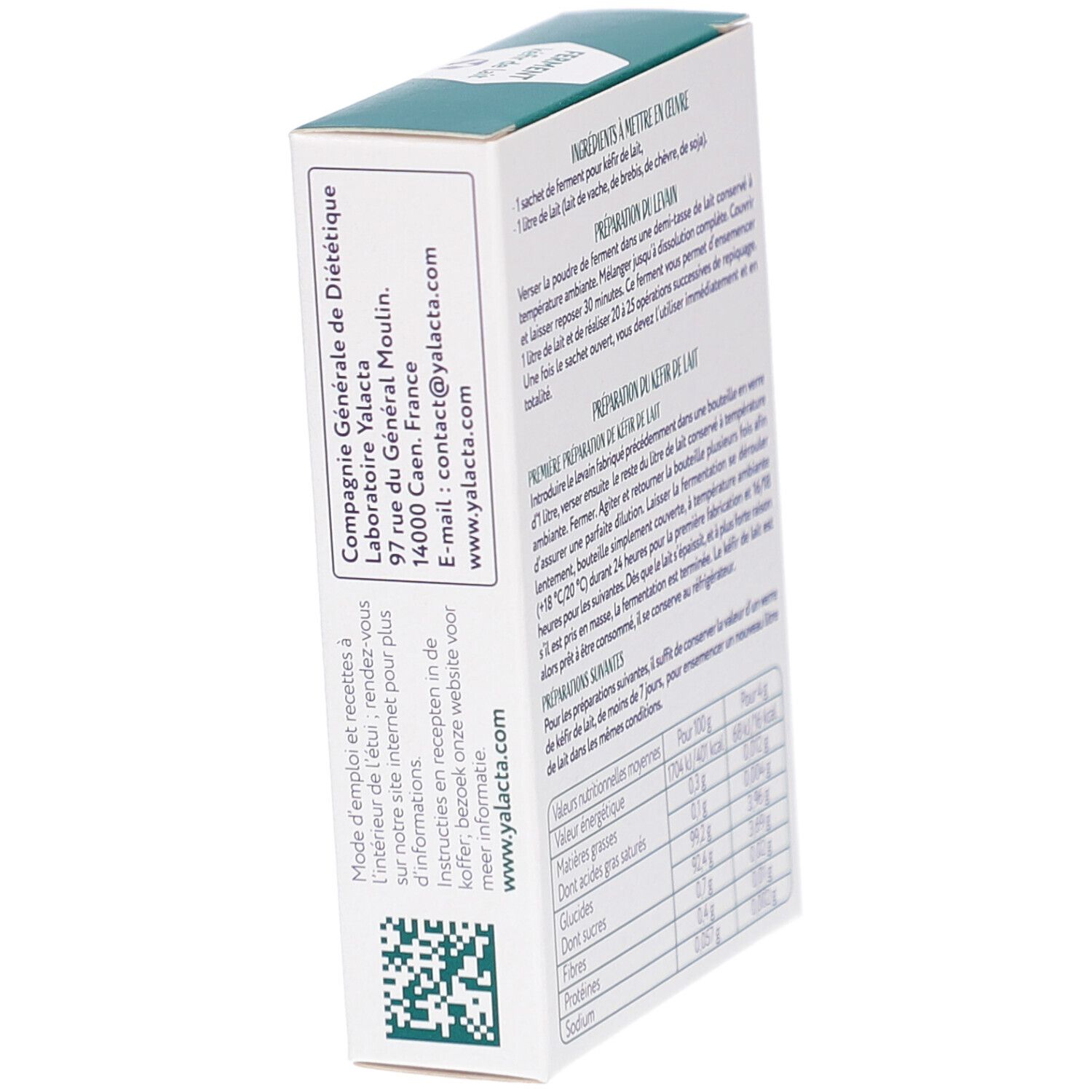 Vue latérale de la boîte en carton. Contient les coordonnées et un code QR. Texte : Ferment pour kéfir de lait.
