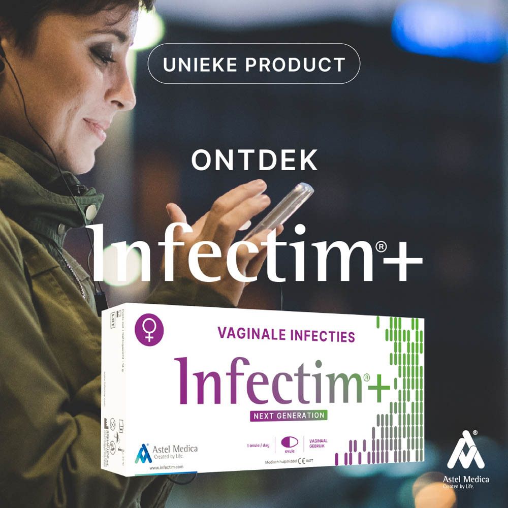 Verpakking Infectim+ met gedetailleerde zijdelingse beschrijving.