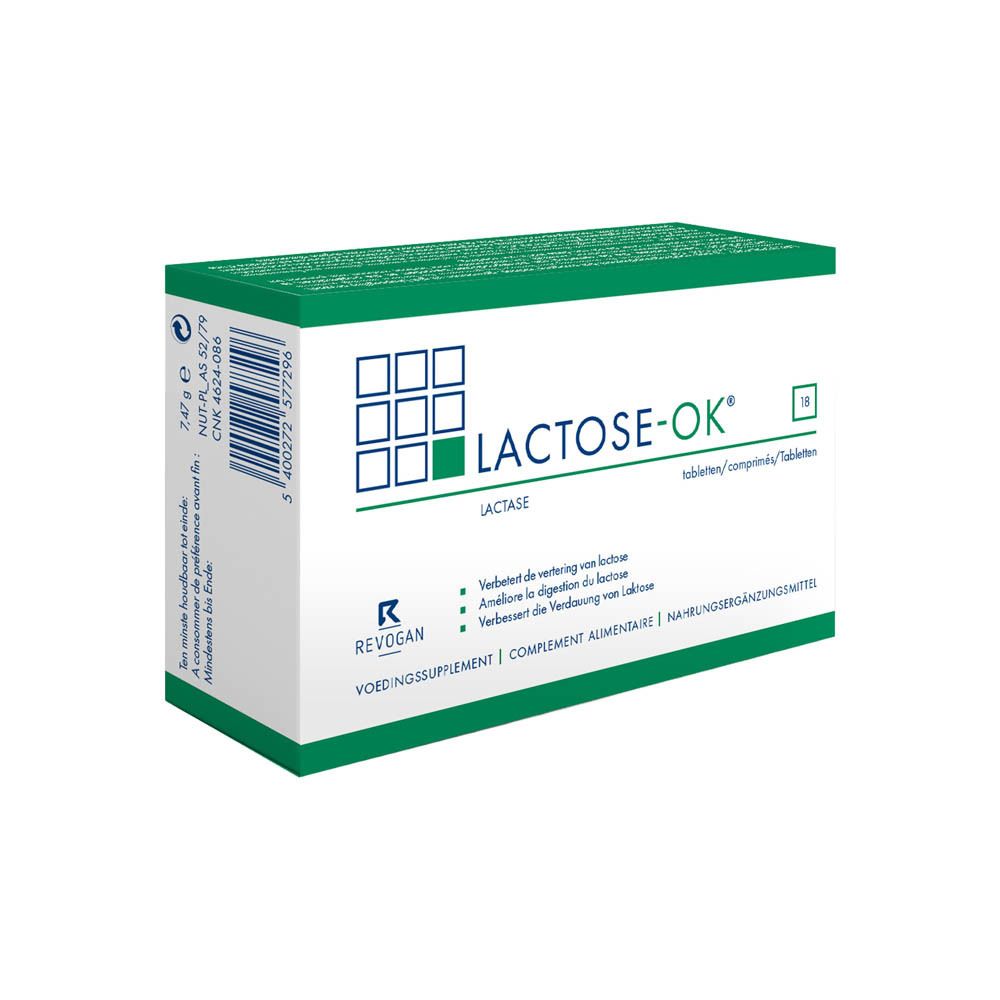 Emballage Lactose-OK et texte. Contient de la lactase. Pour une meilleure digestion du lait. À prendre avant le repas.