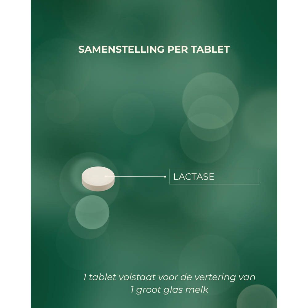 Grafiek met tablet en tekst. Samenstelling per tablet: lactase. 1 tablet voor een groot glas melk.