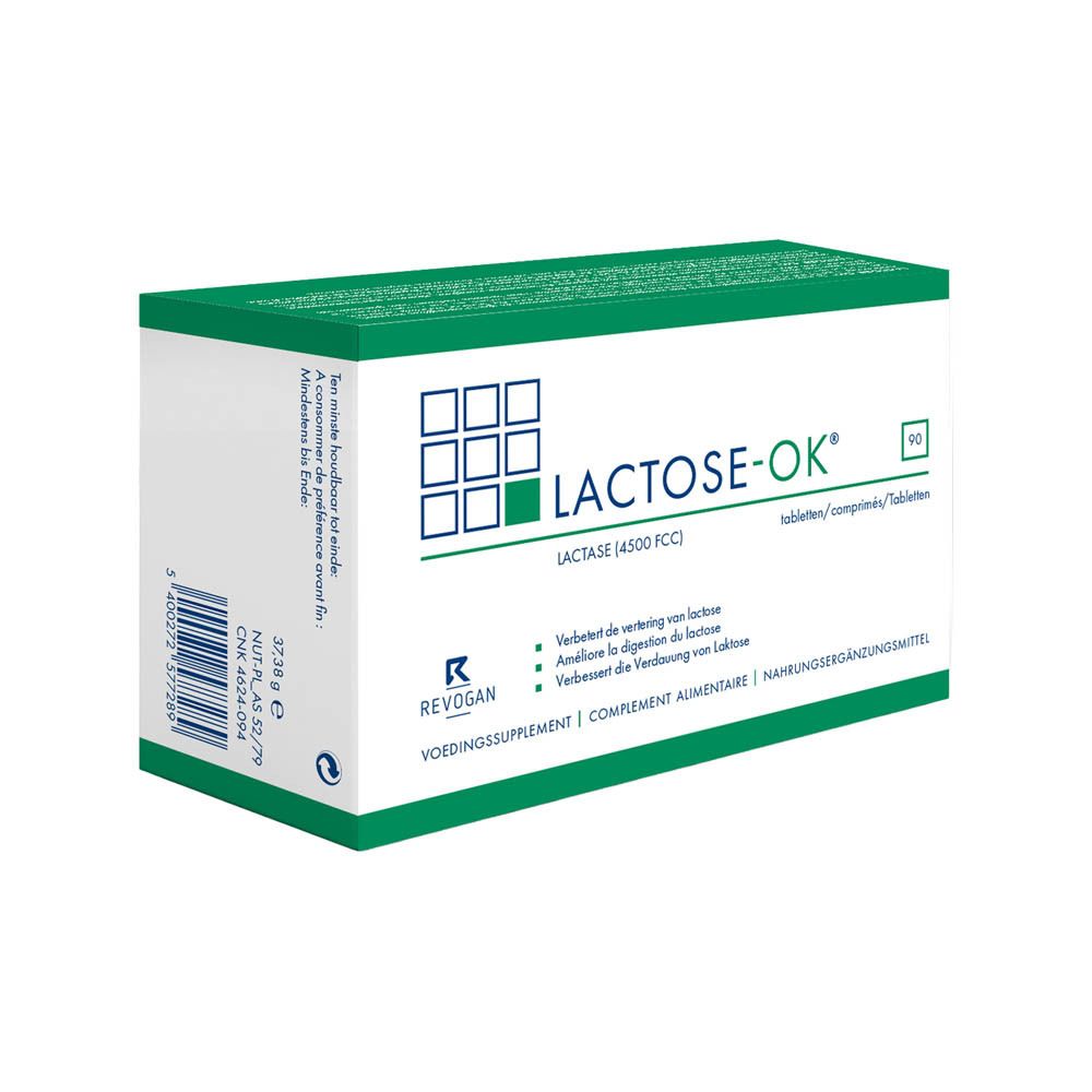 Doos en tekst "LACTOSE-OK". Tekst in het Duits. Bevat lactase. 4.500 FCC/tablet.