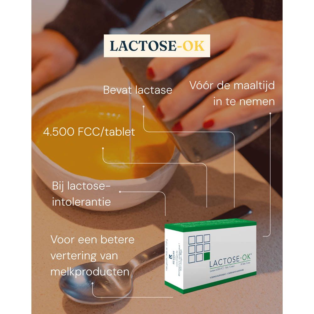 Productafbeelding met tekst. Bevat lactase. Voor de maaltijd innemen. Voor een betere vertering.