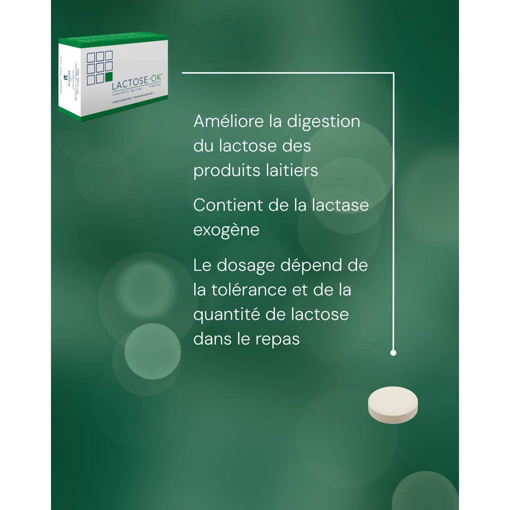 Graphique avec texte. Améliore la digestion des produits laitiers. Contient de la lactase. Dosage variable.
