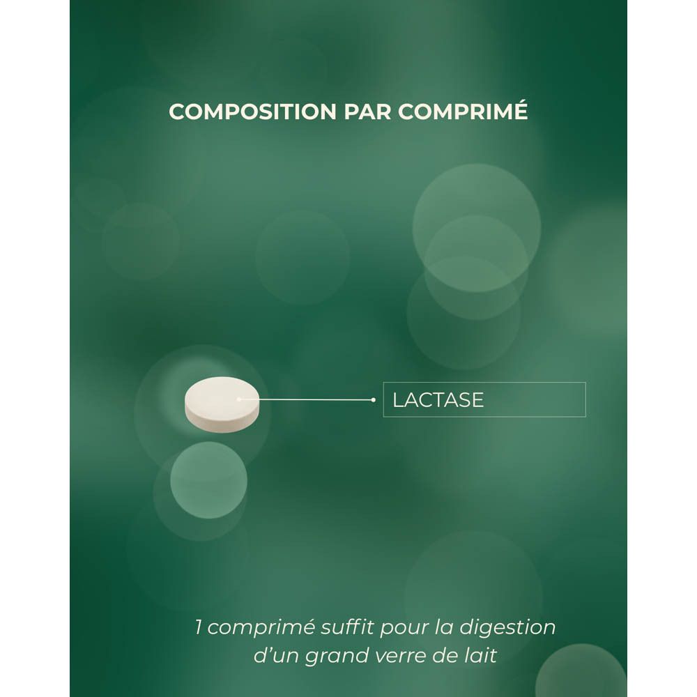 Graphique avec texte. 1 comprimé pour un grand verre de lait. Contient de la lactase.