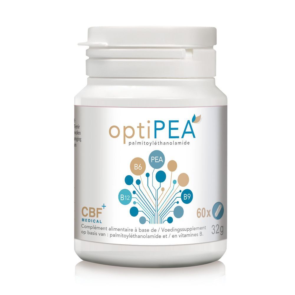 Witte fles CBF Medical OptiPEA. Opschrift: OptiPEA, PEA, B6, B12, B9. Bevat 60 capsules.