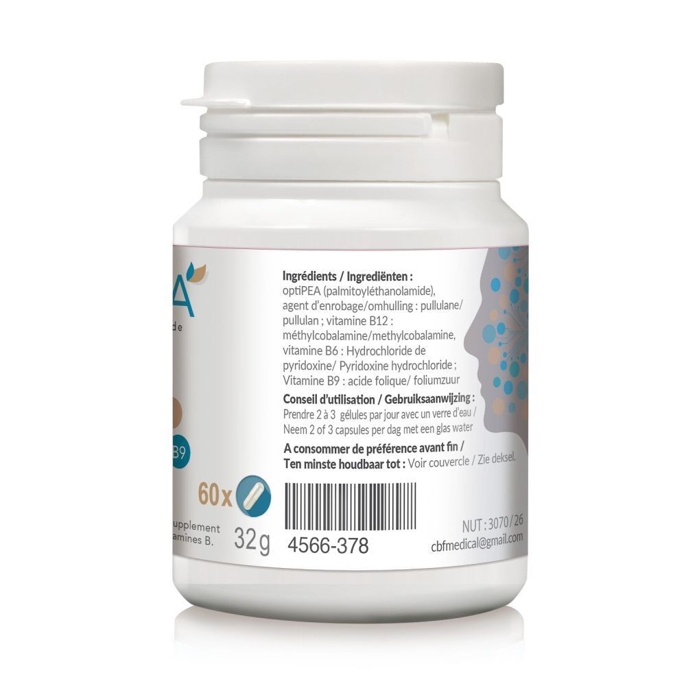 Witte fles CBF Medical OptiPEA. Opschrift: OptiPEA, PEA, B6, B12, B9. Bevat 120 capsules.