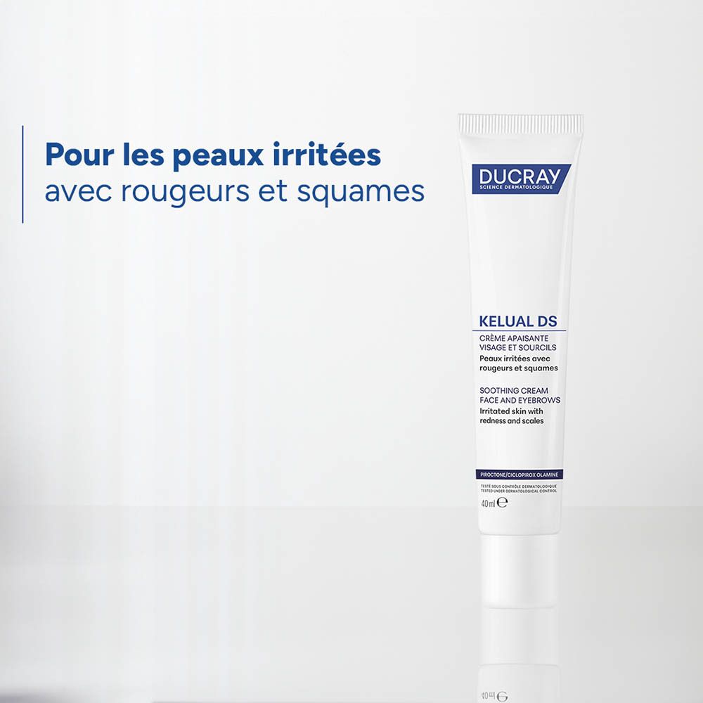 Crème apaisante Ducray Kelual DS pour visage et sourcils dans un tube blanc.