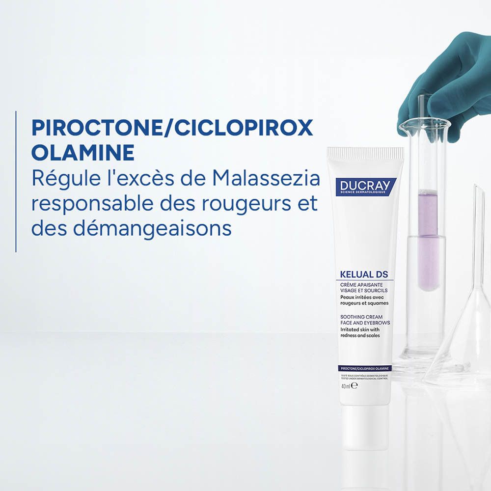 Tube de crème apaisante KELUAL DS, Piroctone Olamine et Cicpirox Olamine.