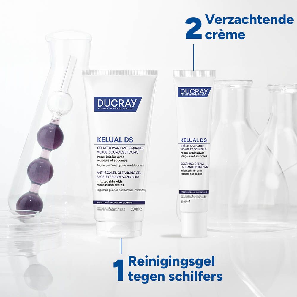 Ducray Kelual DS Anti-Schilfers Reinigingsgel (300 ml) en Kalmerende crème (40 ml).