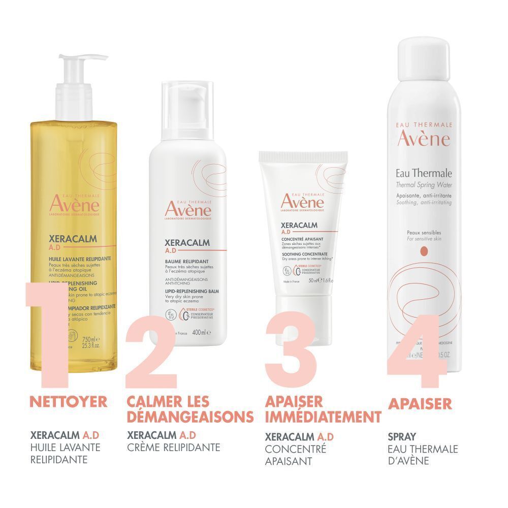 Dos du flacon d'huile Avène XeraCalm A.D. Texte multilingue. Certifications.