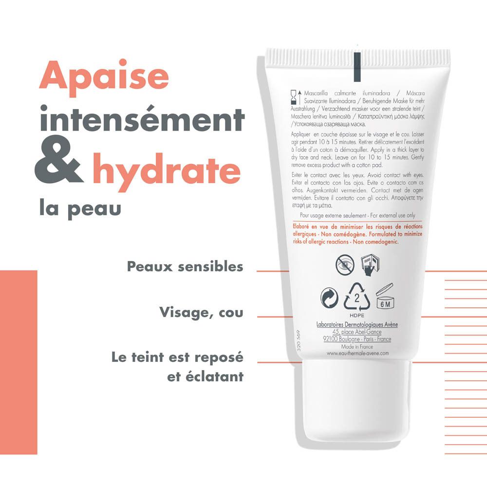Emballage blanc Avène. Masque hydratant pour peaux sensibles. 50 ml.