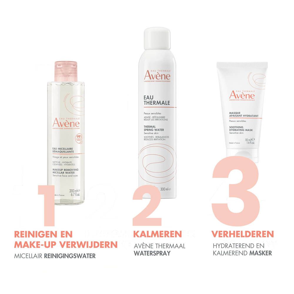 Drie producten naast elkaar. Reiniging, thermaal water, masker. Avène.