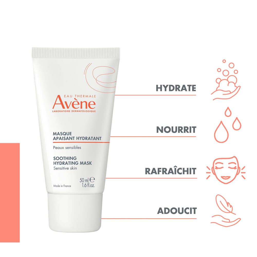 Emballage blanc Avène. Masque hydratant apaisant. Pour peaux sensibles.