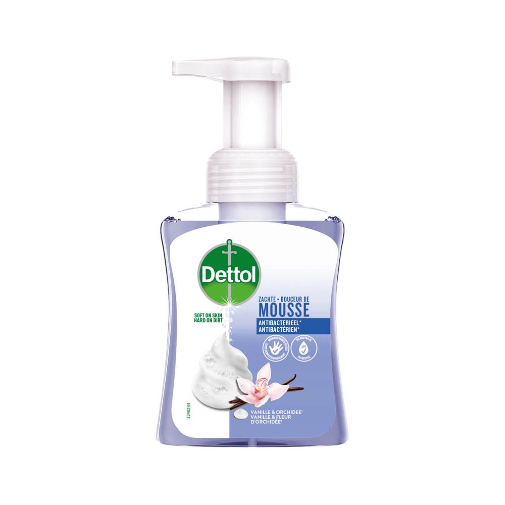 Fles met pomp. Dettol-logo en productnaam. Antibacteriële mousse met vanille en orchidee geur.
