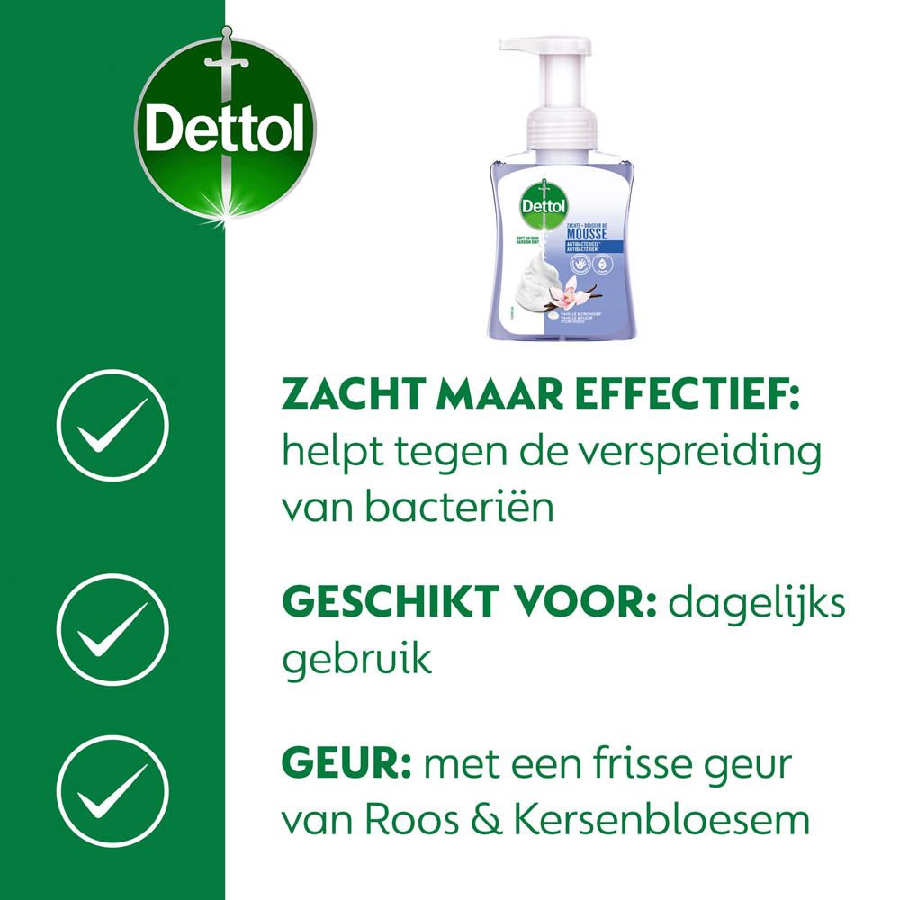 Tekst met groene vinkjes. Zacht maar effectief: helpt tegen bacteriën. Geschikt voor: dagelijks gebruik.