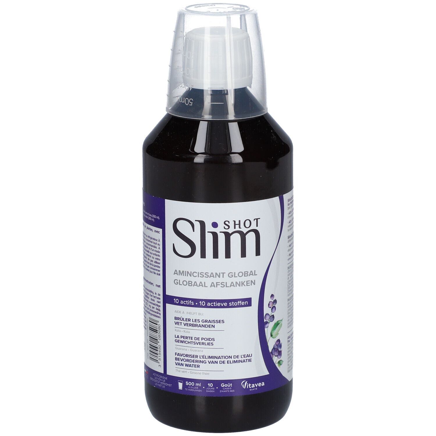 Flacon de liquide foncé avec bouchon doseur. Inscription: Slim Shot, Amincissant Global. 10 actifs.