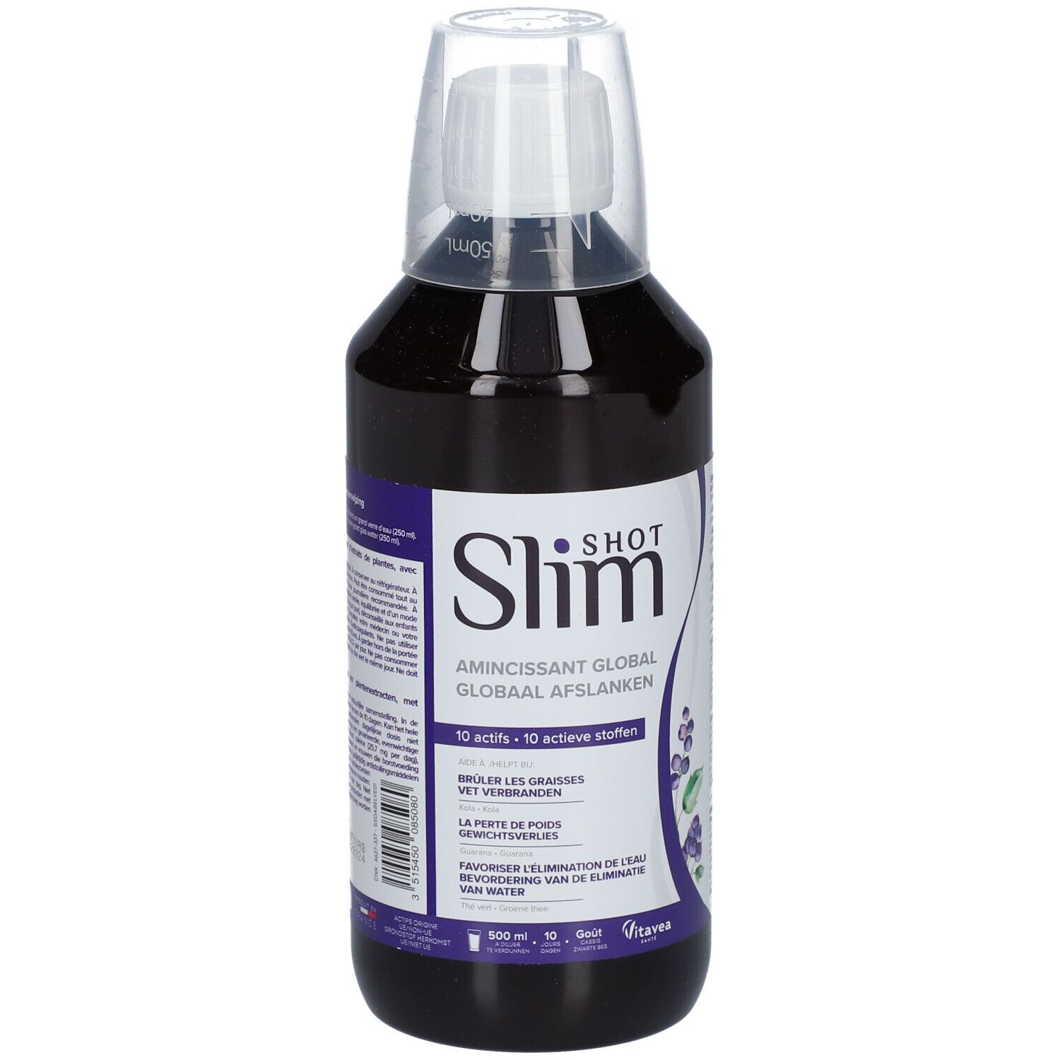 Flacon de liquide foncé avec bouchon doseur. Inscription: Slim Shot, Amincissant Global. 10 actifs.