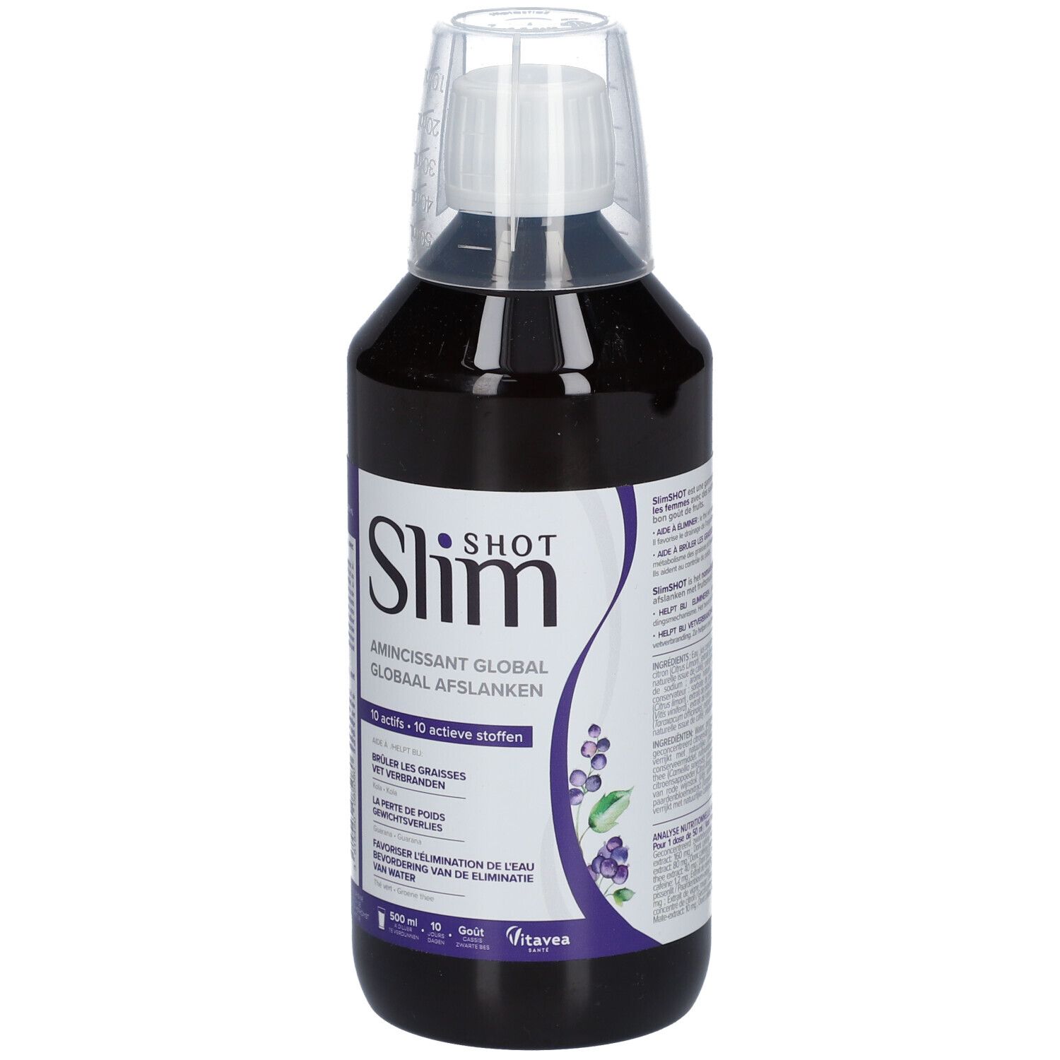Flacon de liquide foncé avec bouchon doseur. Inscription: Slim Shot, Amincissant Global. 10 actifs.