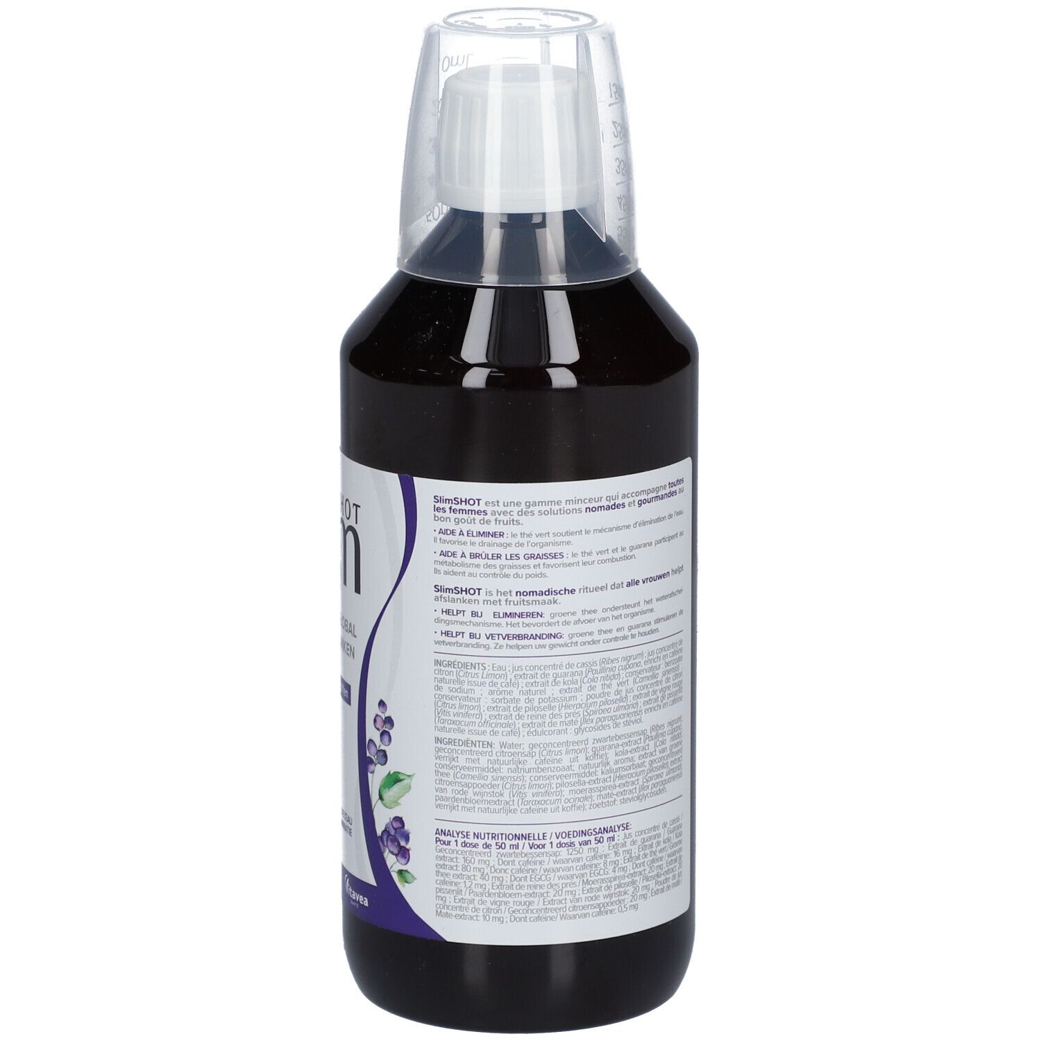 Dos d'une bouteille de liquide foncé. Texte: Slim Shot, Amincissant Global. Informations nutritionnelles. Ingrédients.