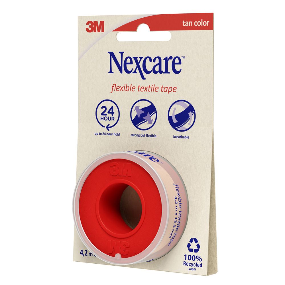 Verpakking met Nexcare textieltape. Rol met rode kern en beige tape. 4,2 m x 12,5 mm.