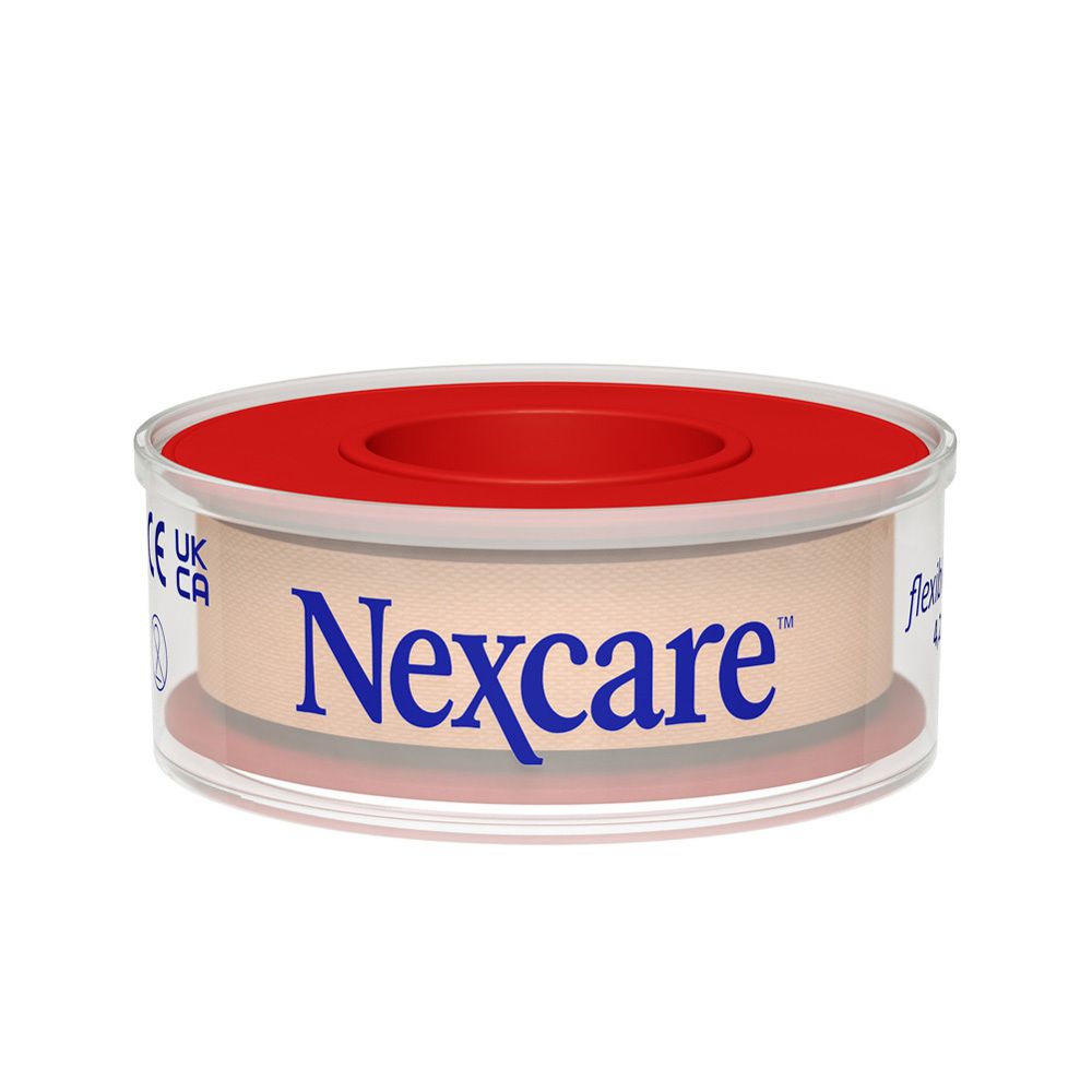 Verpakking met Nexcare textieltape. Rol met rode kern en beige tape. 4,2 m x 12,5 mm.