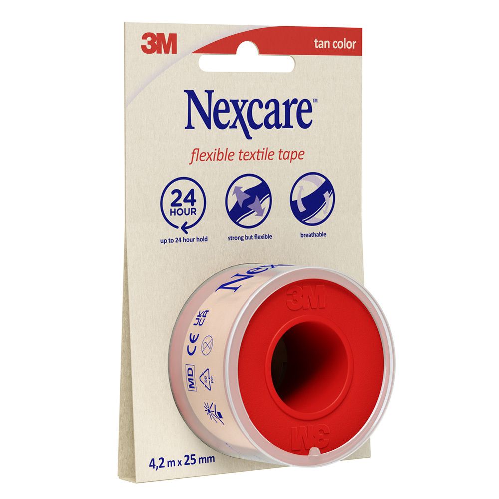 Nexcare flexibel textieltape. Rol met tape, 4,2 m x 25 mm. Verpakking met 3M logo, tan color. Indicaties: 24 uur, sterk, ademend.
