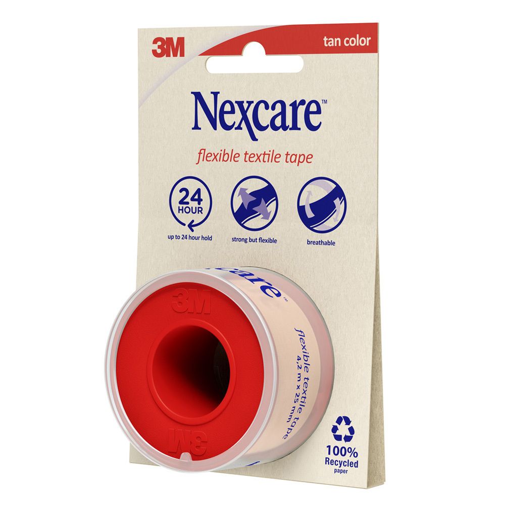 Ruban textile flexible Nexcare, 4,2 m x 25 mm. Emballage avec logo 3M, couleur beige. Indications: 24h, résistant, respirant.