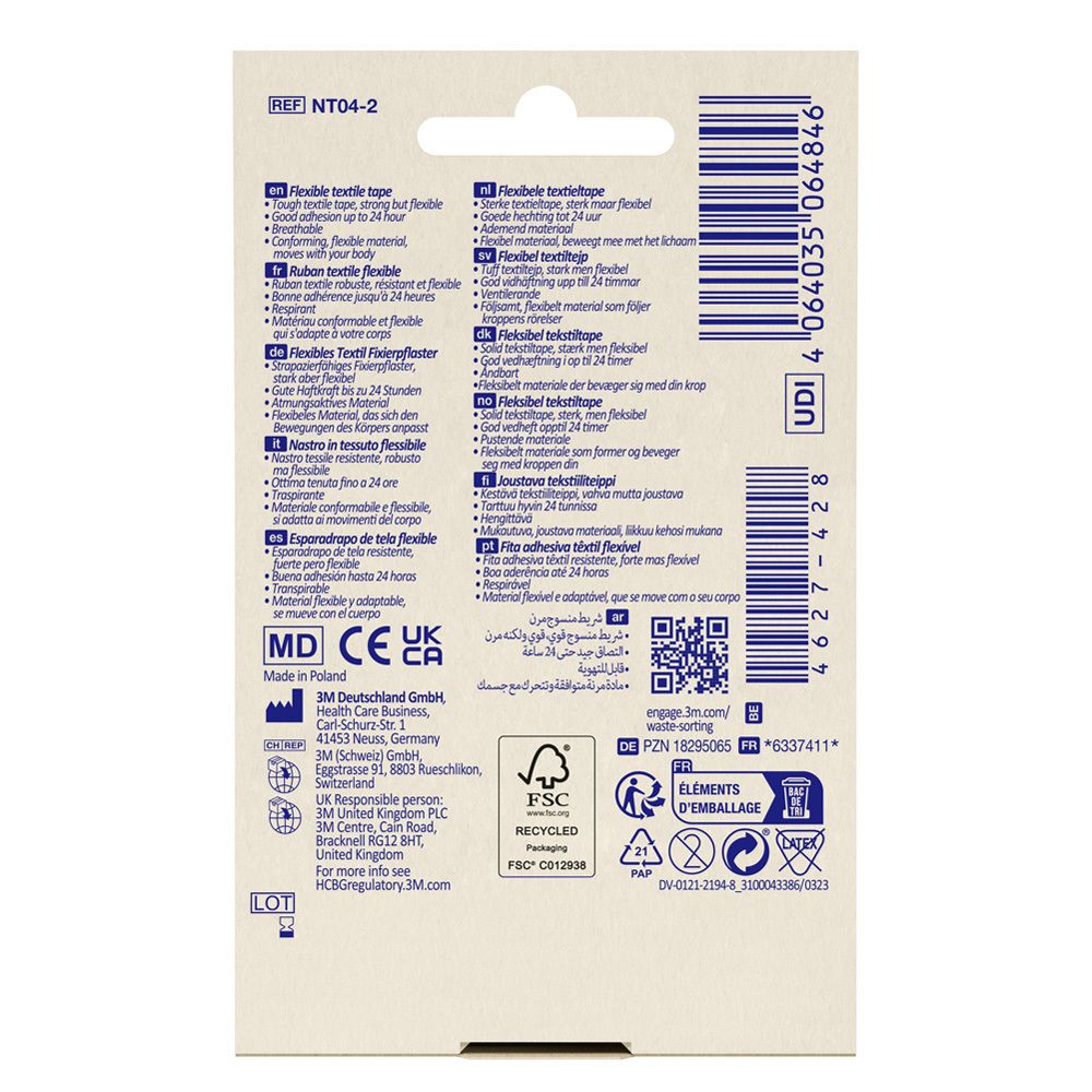 Achterkant van de verpakking van Nexcare flexibele textieltape. Meertalige informatie, QR-code, recyclinglogo.