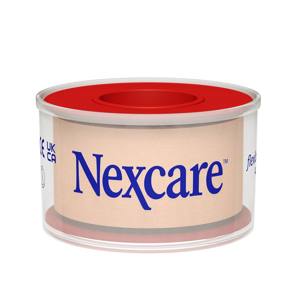 Nexcare flexibele textieltape, tan color. Product in transparante verpakking.