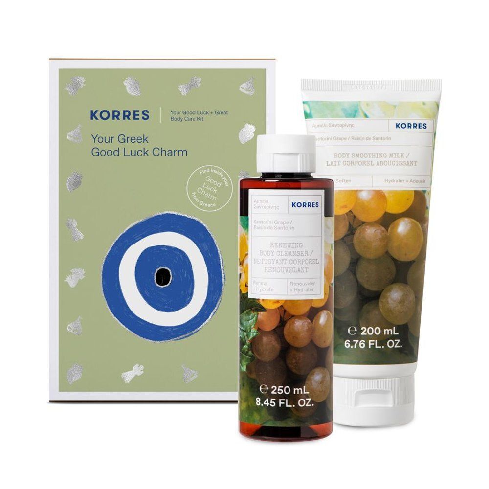 Korres cadeauverpakking met fles, tube en doos. Op de doos staat "Your Greek Good Luck Charm".
