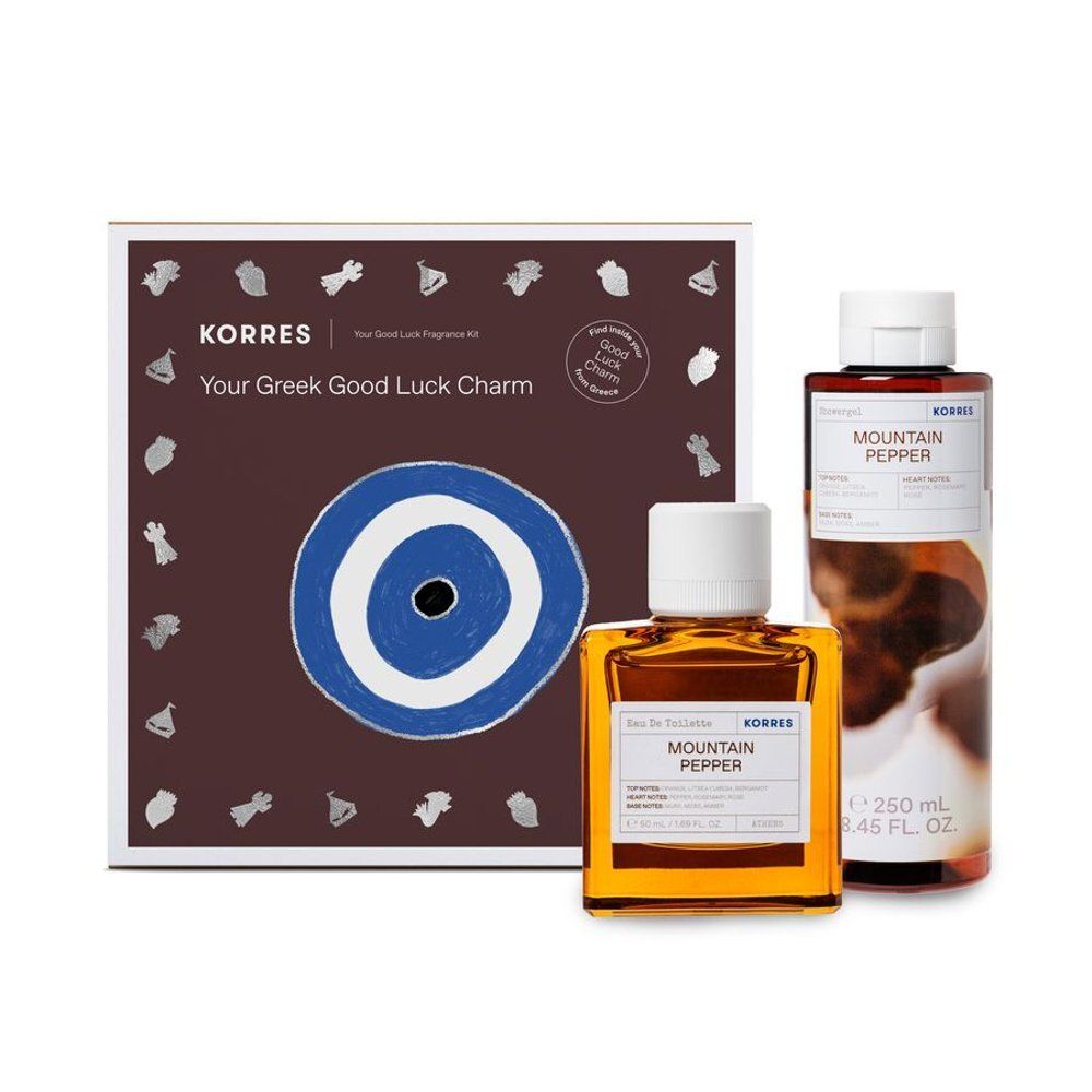 Coffret cadeau Korres. Boîte avec logo Korres, deux flacons avec l'inscription Mountain Pepper. Contient 250 ml.