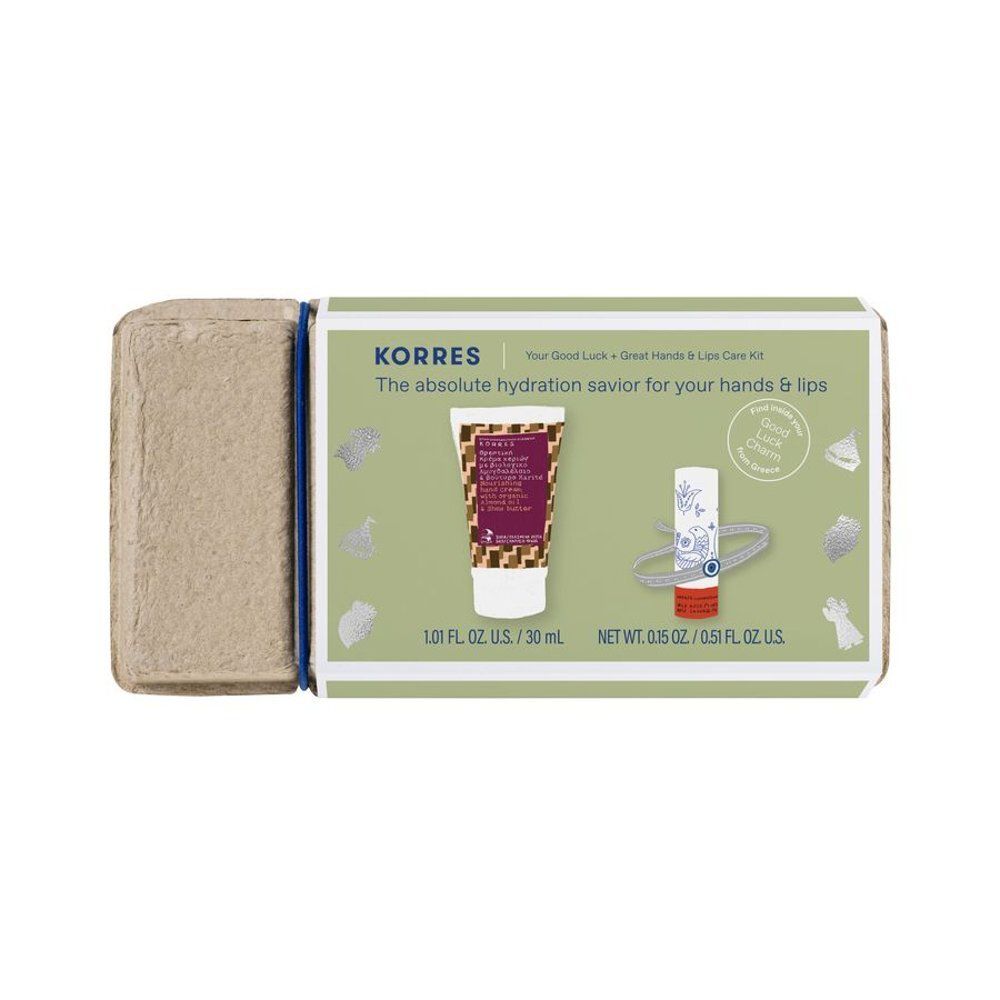 Coffret KORRES. Contient deux produits : soin des mains et des lèvres. Inscription : The absolute hydration savior for your hands & lips.