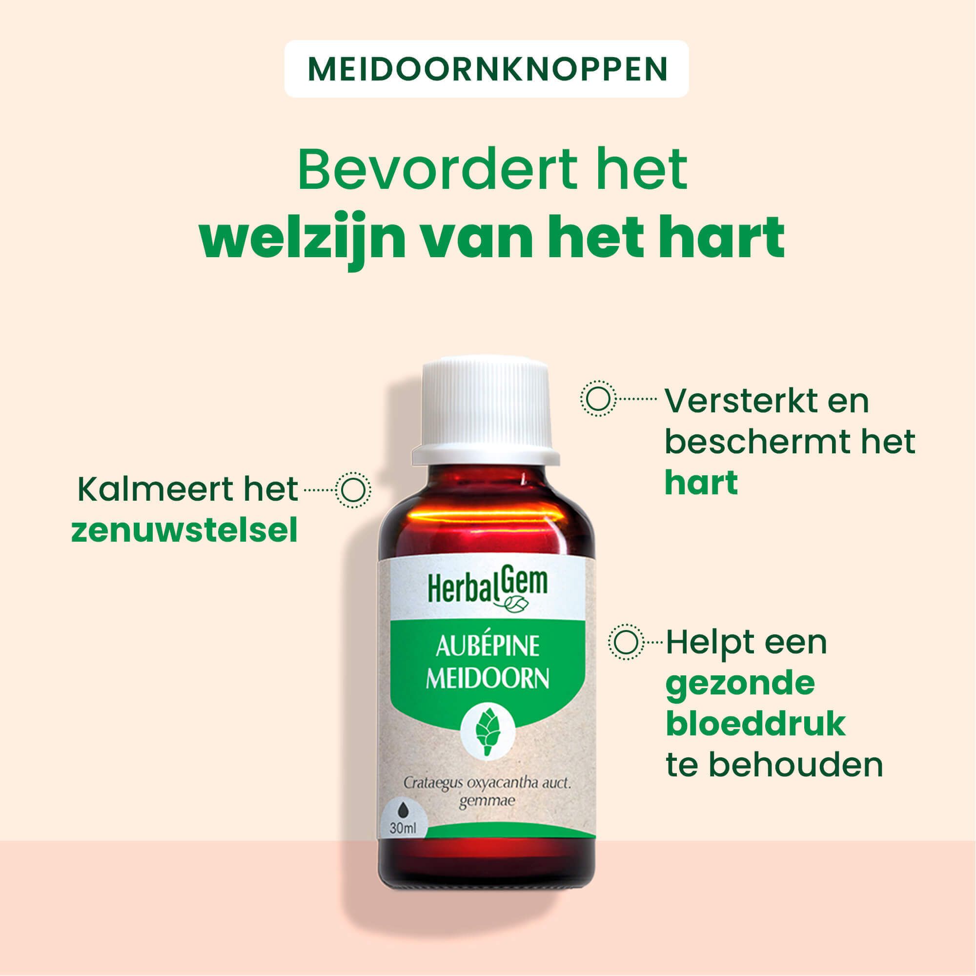 Fles met tekst en illustraties. Tekst: „Bevordert het welzijn van het hart“. Bio-label.