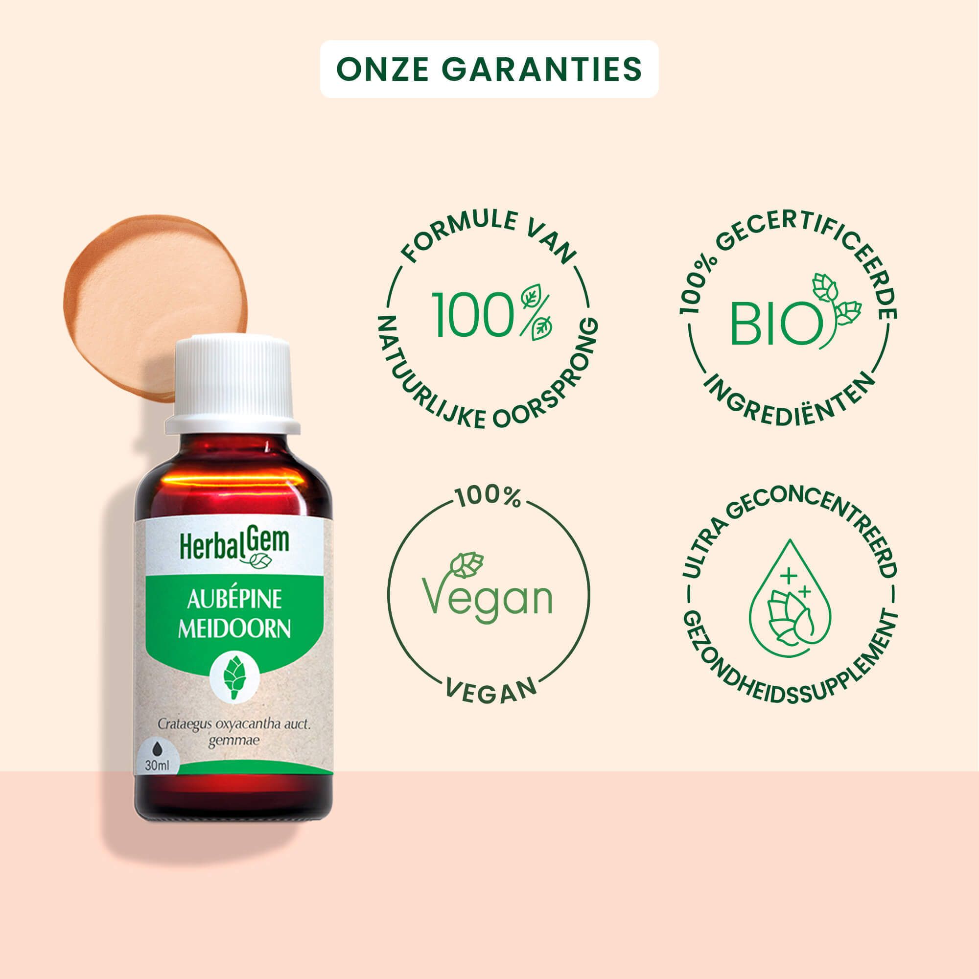 Fles en logo's. Logo's: 100% natuurlijke oorsprong, Bio, Vegan, Ultra geconcentreerd.