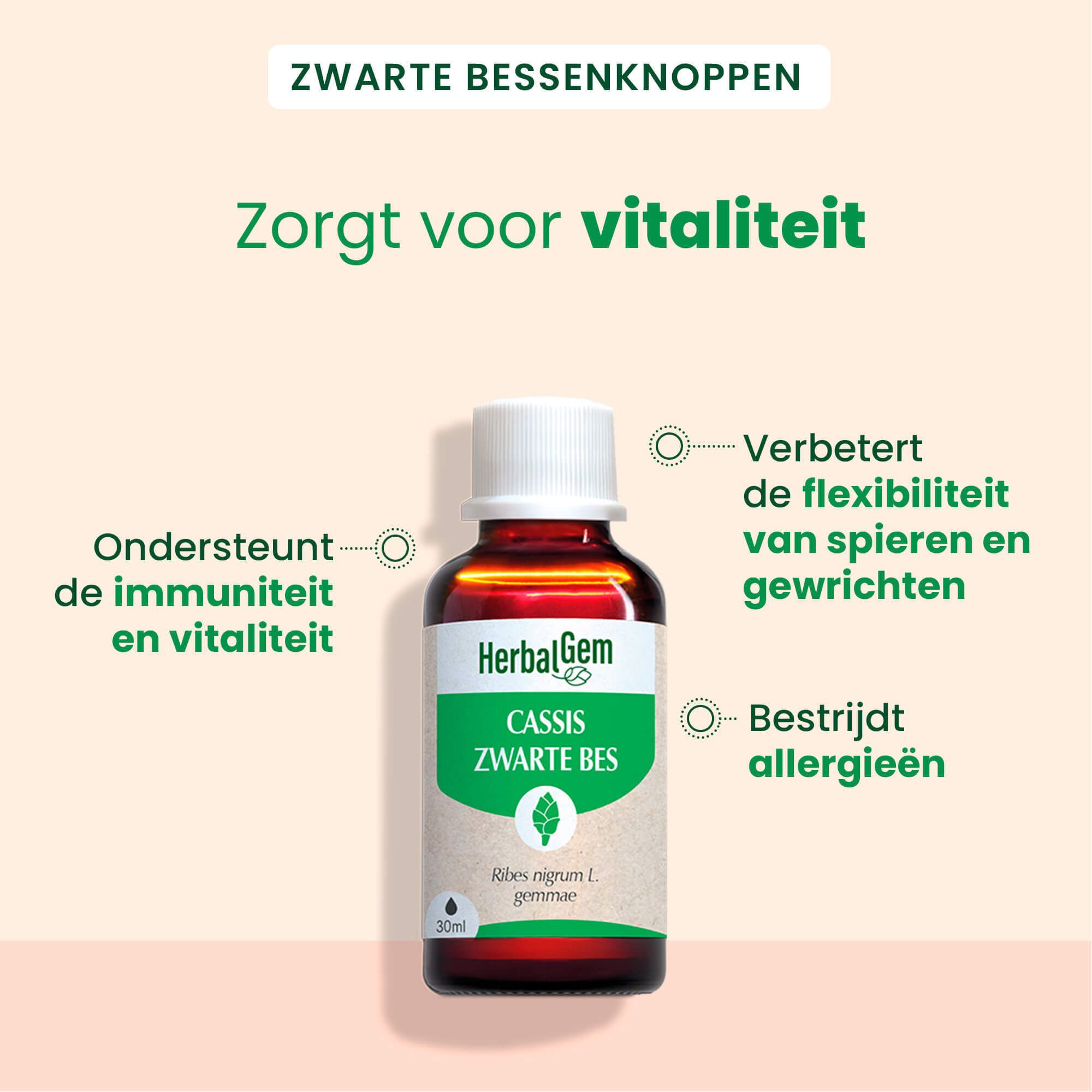 Fles Cassis Zwarte Bes. Ondersteunt immuniteit en vitaliteit. Verbetert flexibiliteit.