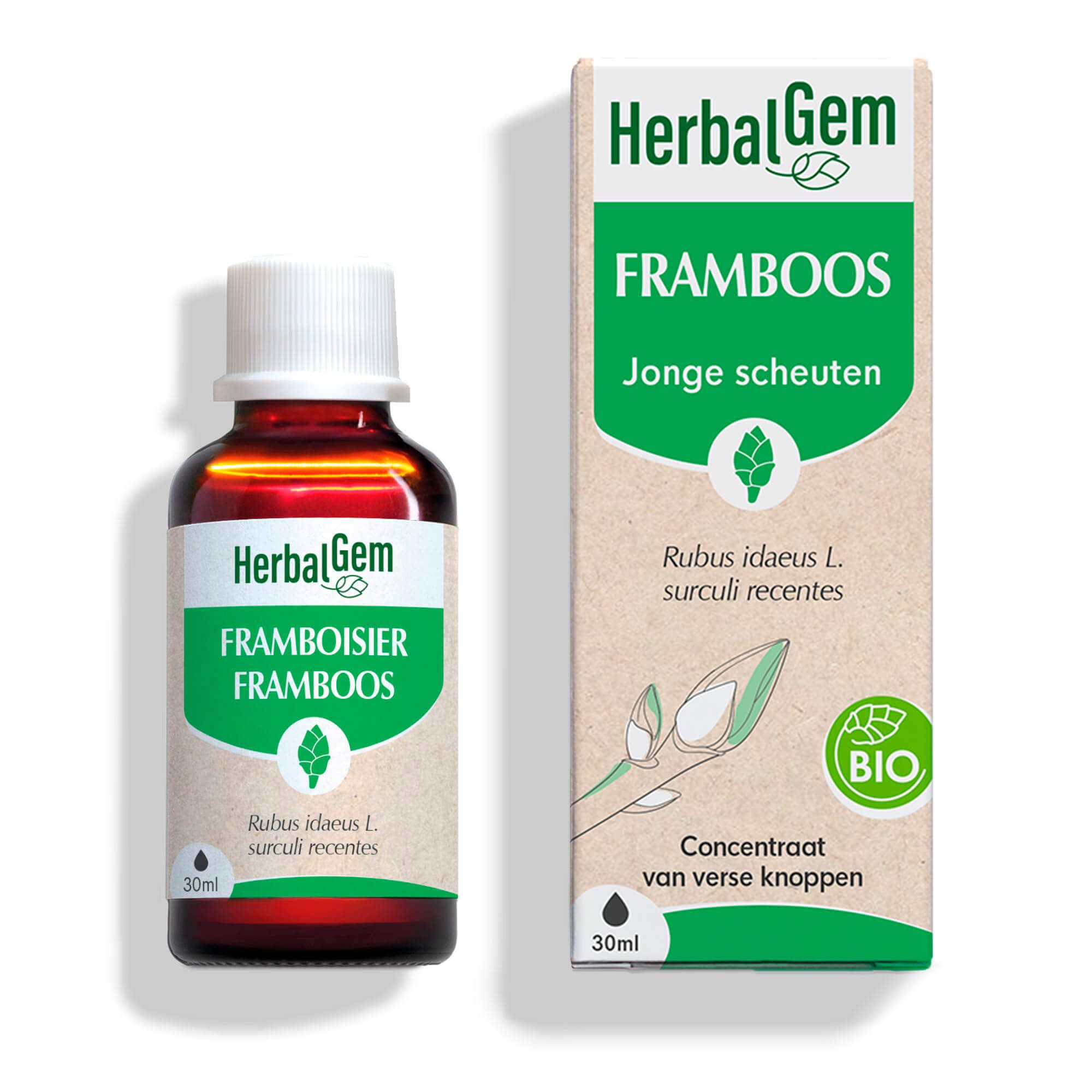 Bruine glazen fles met witte dop en doos. Opschrift: HerbalGem, Framboos, 30ml. Bio-certificering.