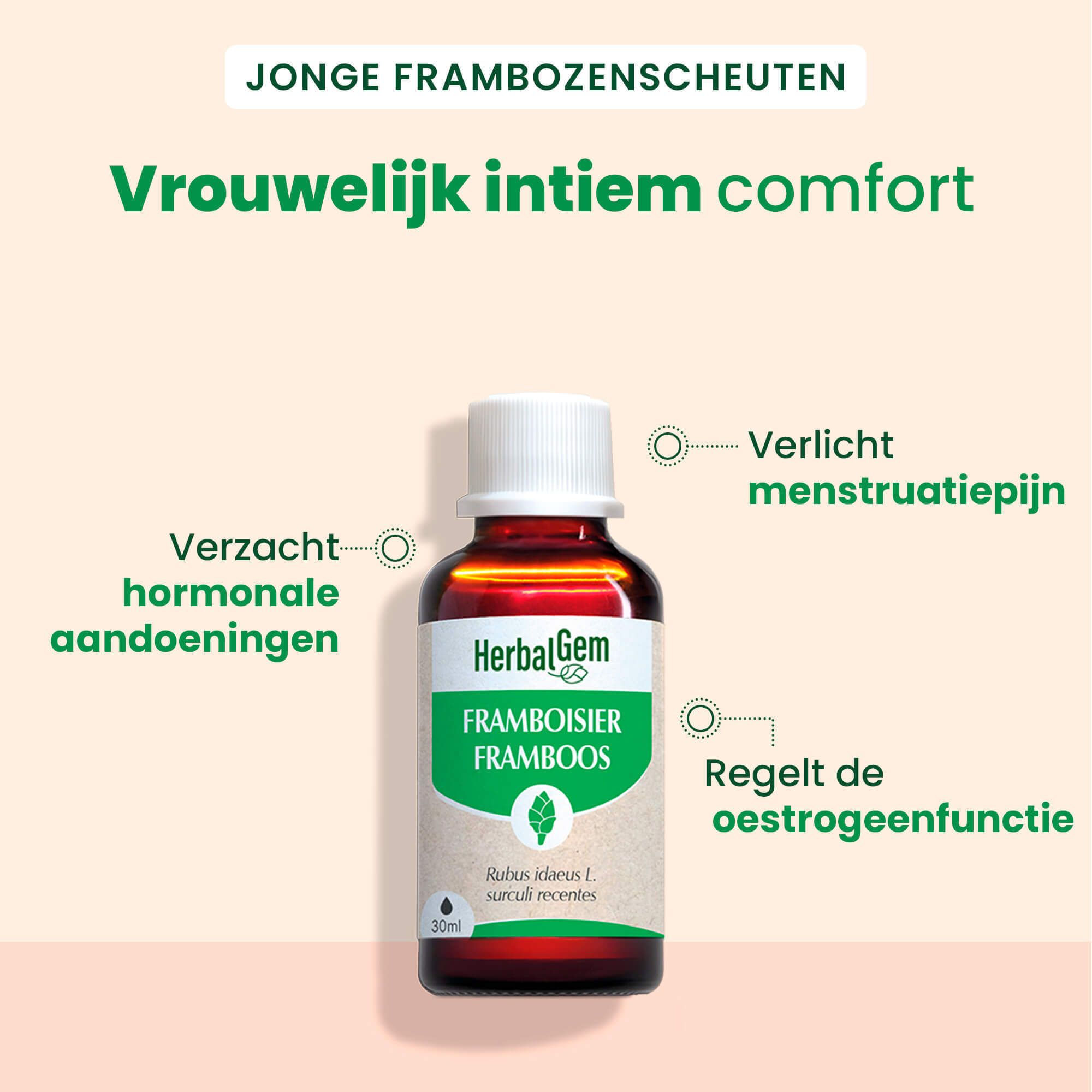Bruine glazen fles met witte dop en doos. Opschrift: HerbalGem, Framboos, 30ml. Bio-certificering.