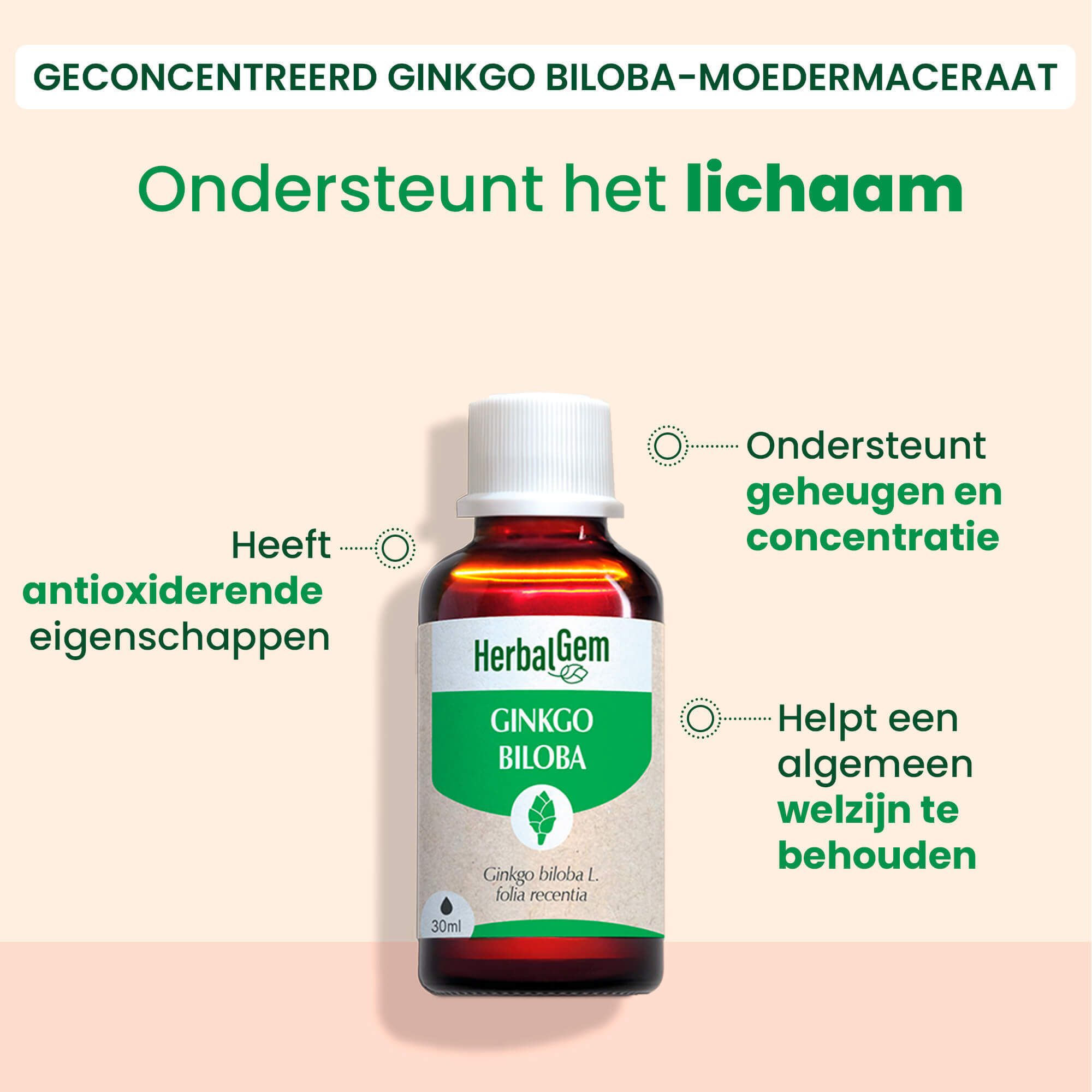 Fles met Ginkgo Biloba. Tekst: Ondersteunt het lichaam. Antioxidante eigenschappen. Helpt welzijn.