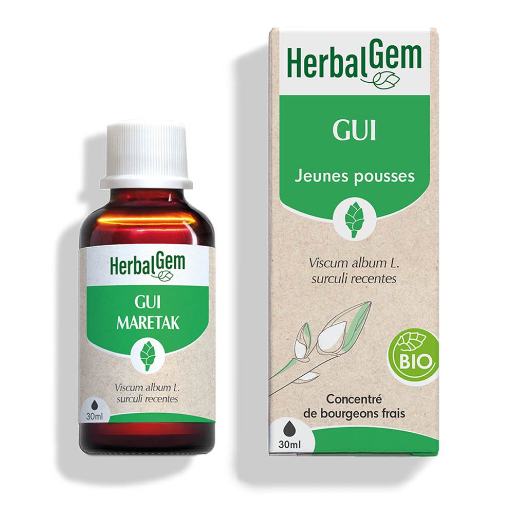 Flacon en verre brun et boîte. Sur la boîte: HerbalGem, Gui, Jeunes pousses, label bio. 30ml.