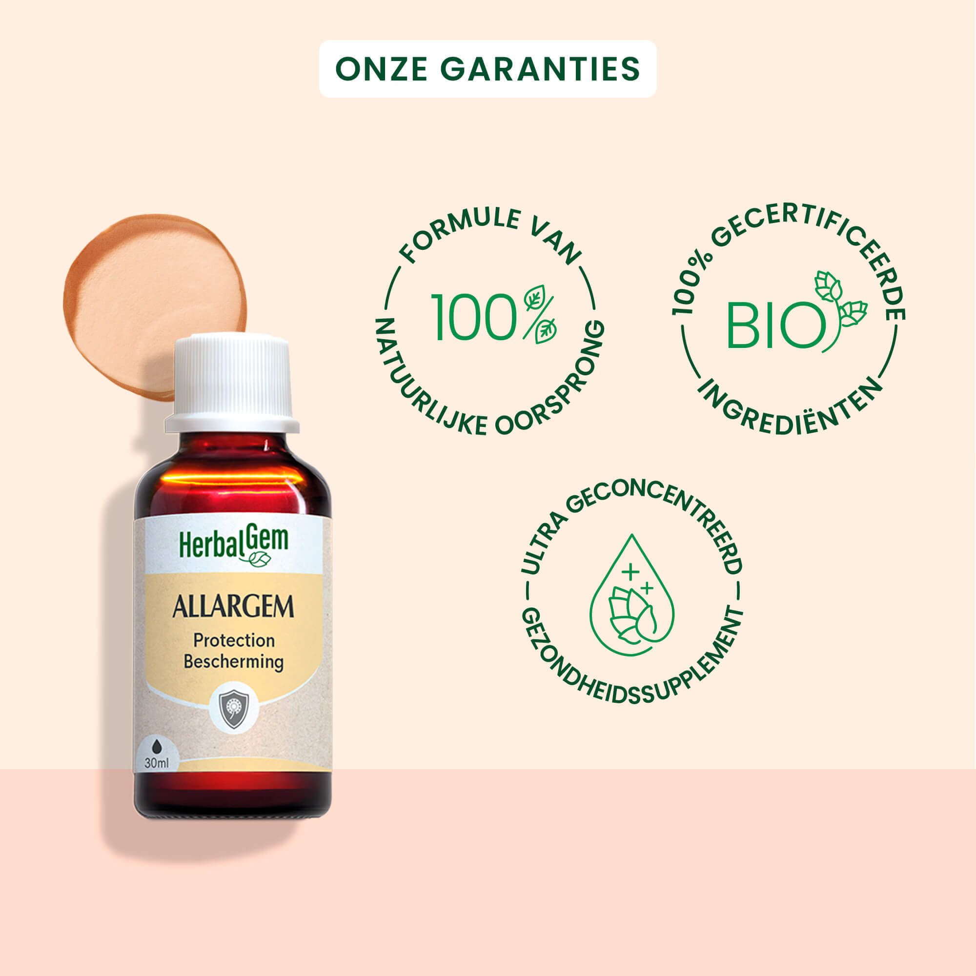 Bruine fles met witte dop. Tekst: Allargem. Opschrift: verlicht allergische symptomen. 30ml.