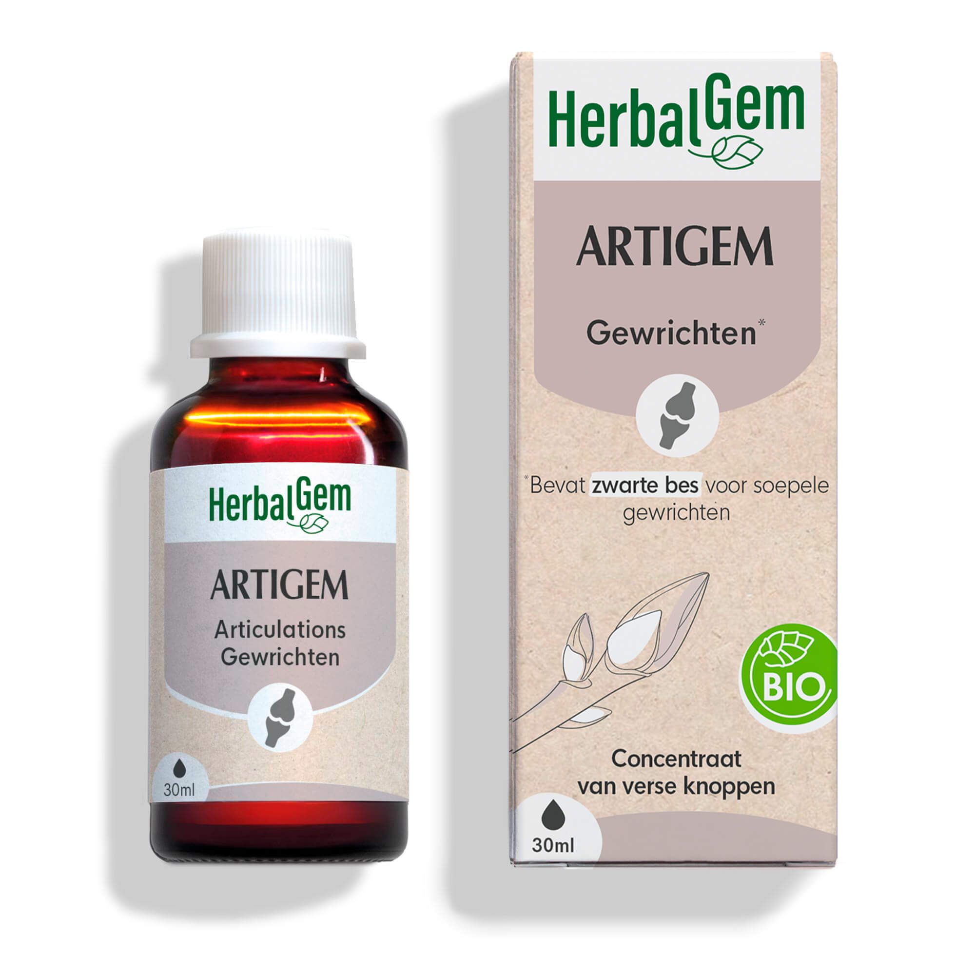 Bruine fles en verpakking. Artigem, gewrichten. BIO-certificering. 30ml.