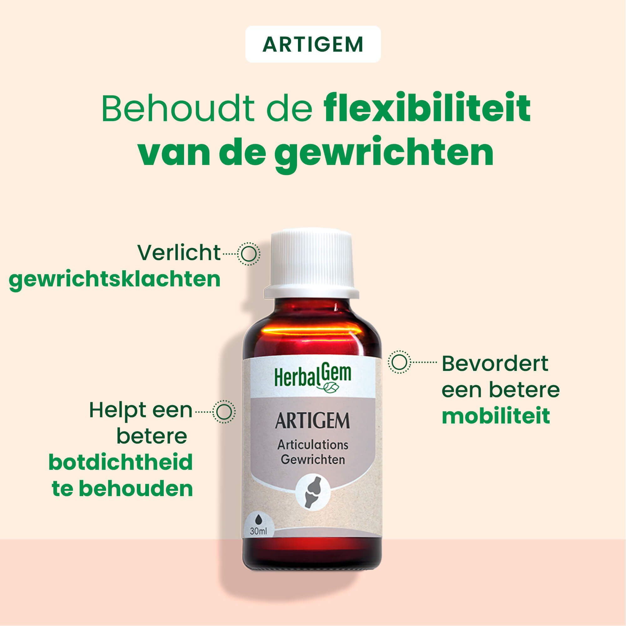 Artigem fles. Bevordert mobiliteit. Verlicht gewrichtsklachten. 30ml.