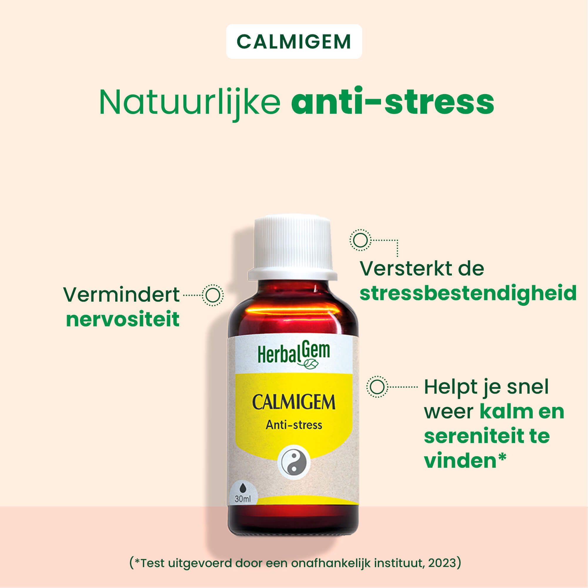 Bruine fles CALMIGEM Anti-stress. Tekst: Vermindert nervositeit, versterkt stressbestendigheid, kalmeert.