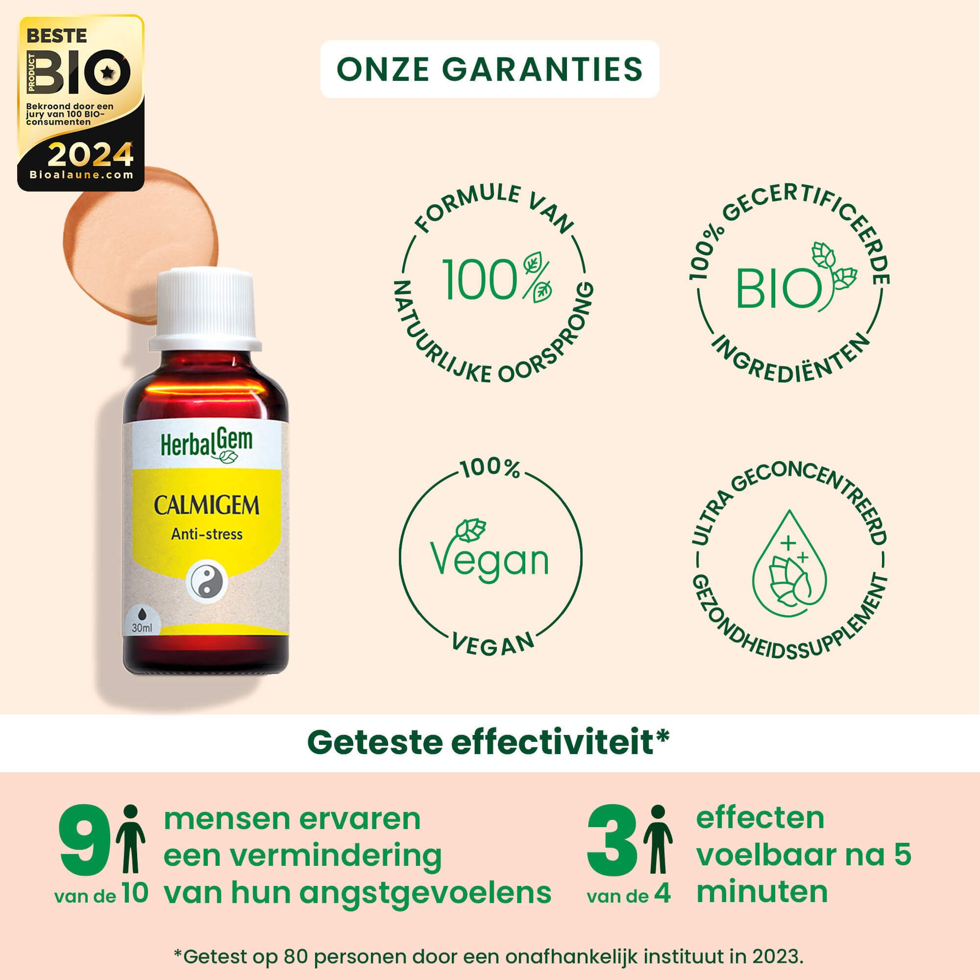CALMIGEM fles met logo's: Bio, Vegan, 100% natuurlijke ingrediënten, ultra-geconcentreerd.