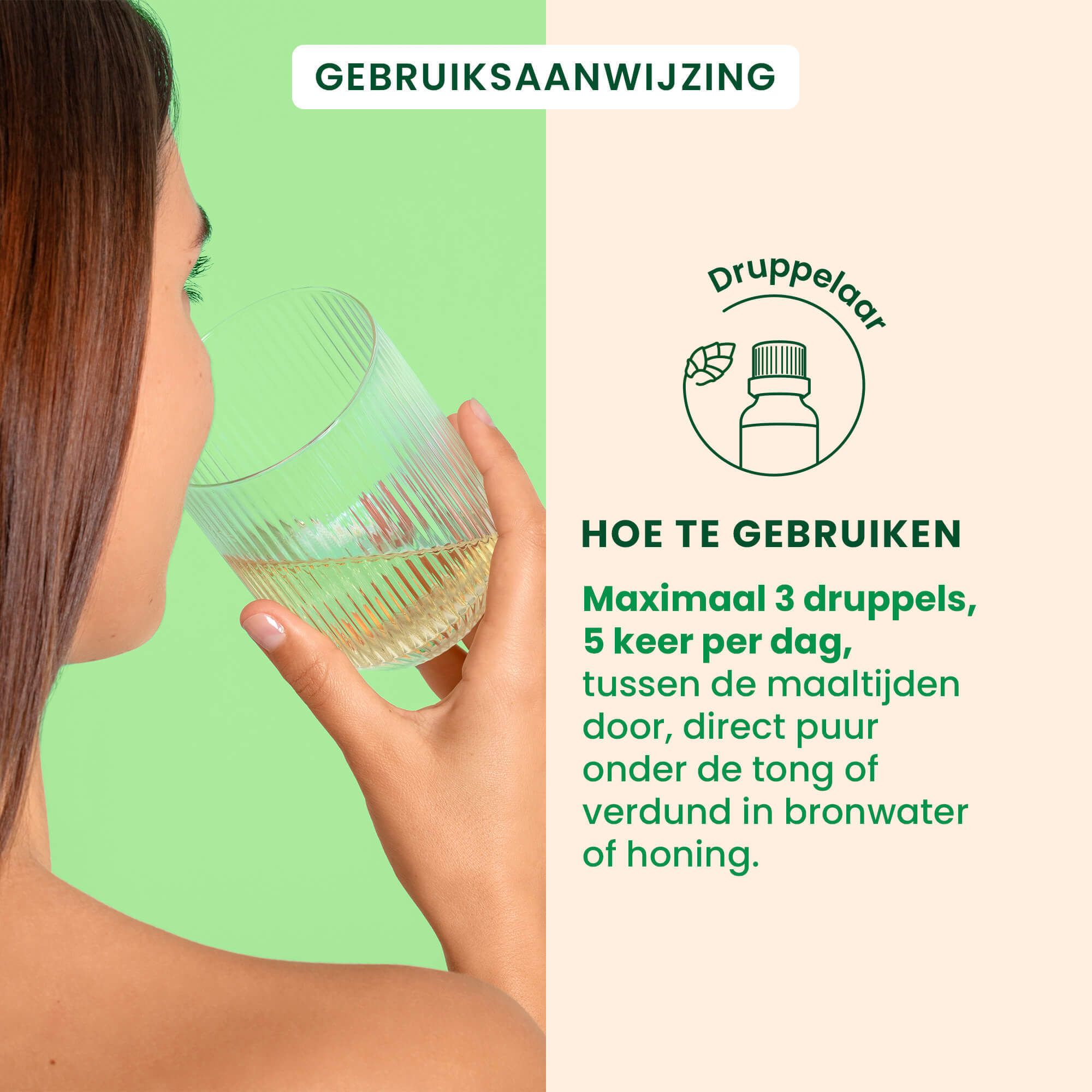 Vrouw drinkt uit glas. Tekst: 3 druppels, 5x per dag, onder de tong of in water.